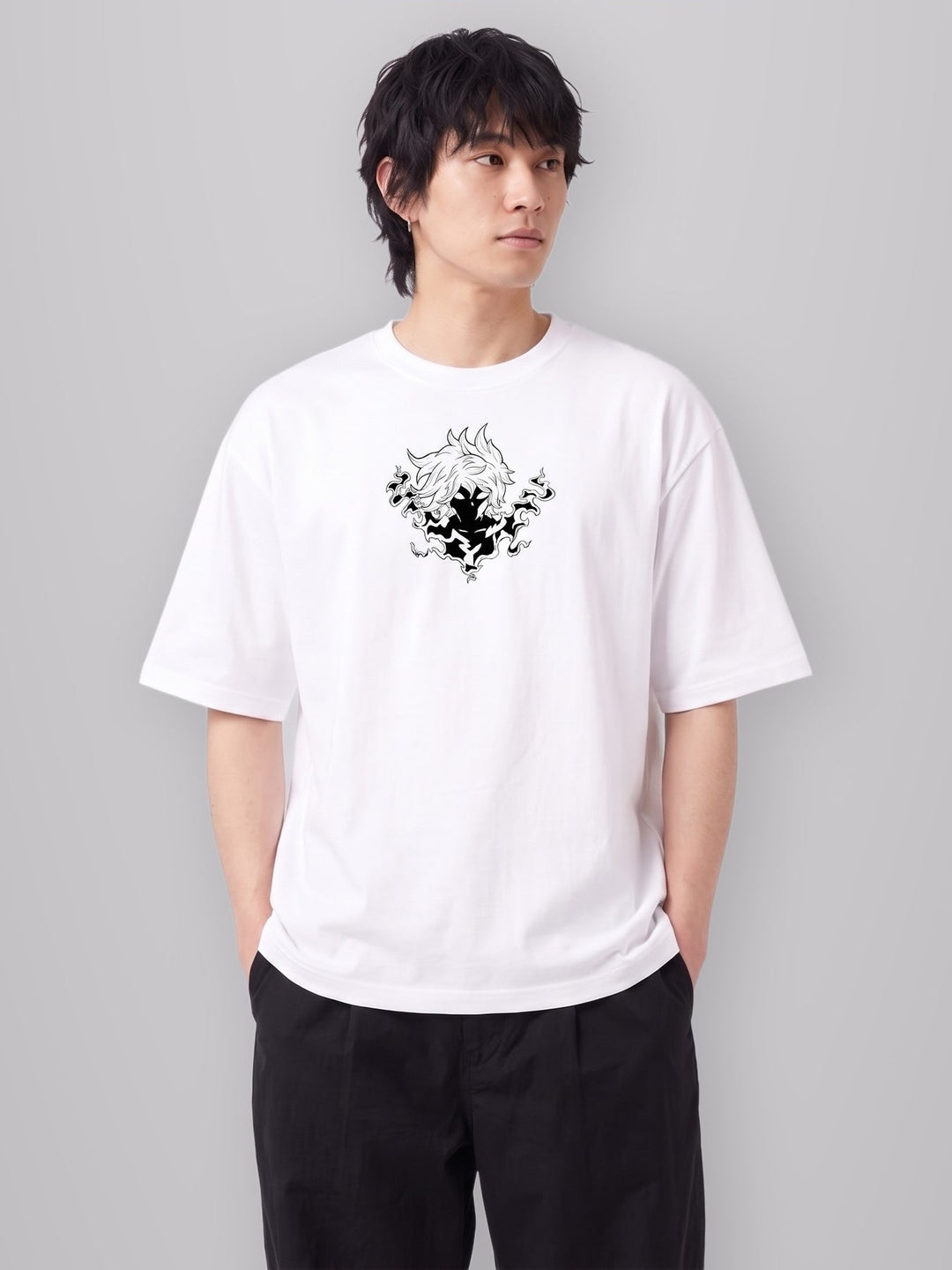 The Empty Flame Oversize White Tee worn by model