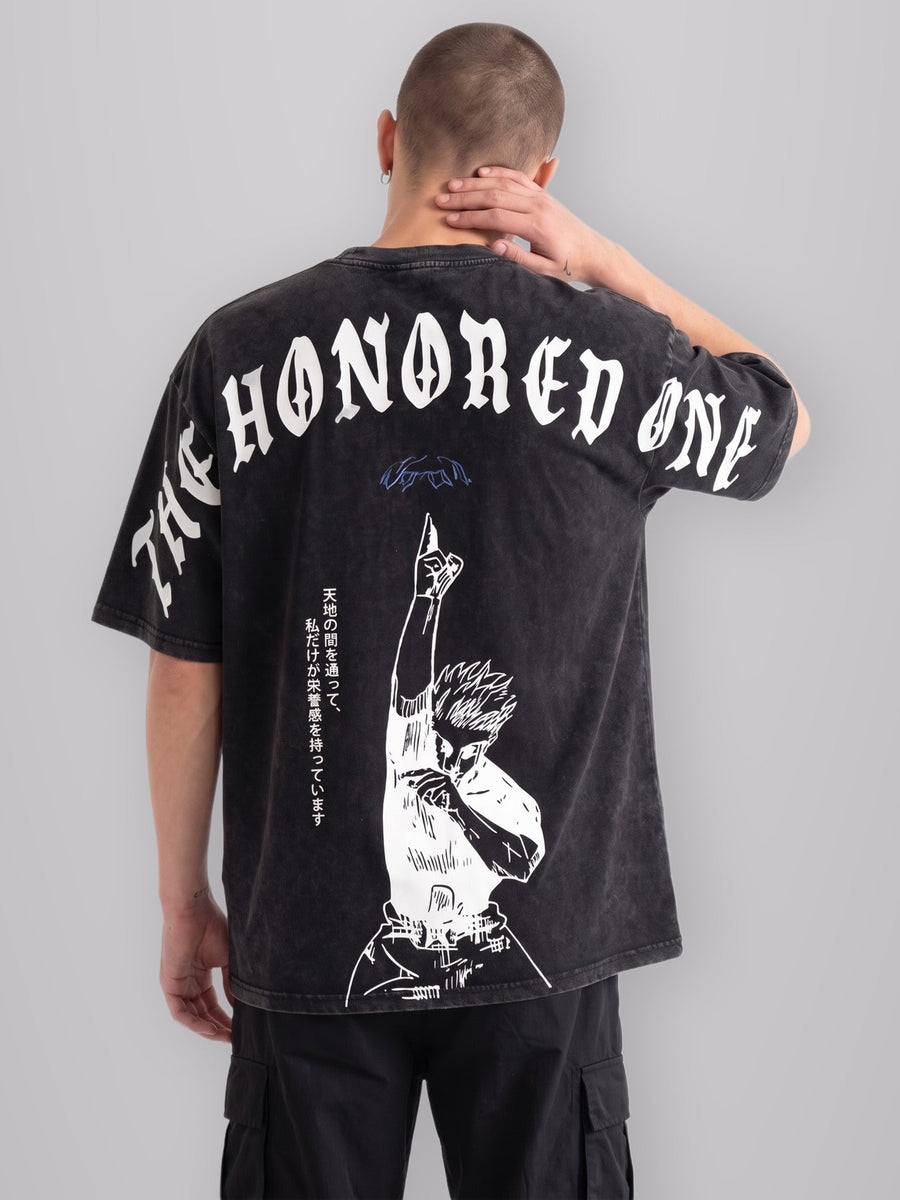 The Honored One Oversize Vintage Tee worn by model