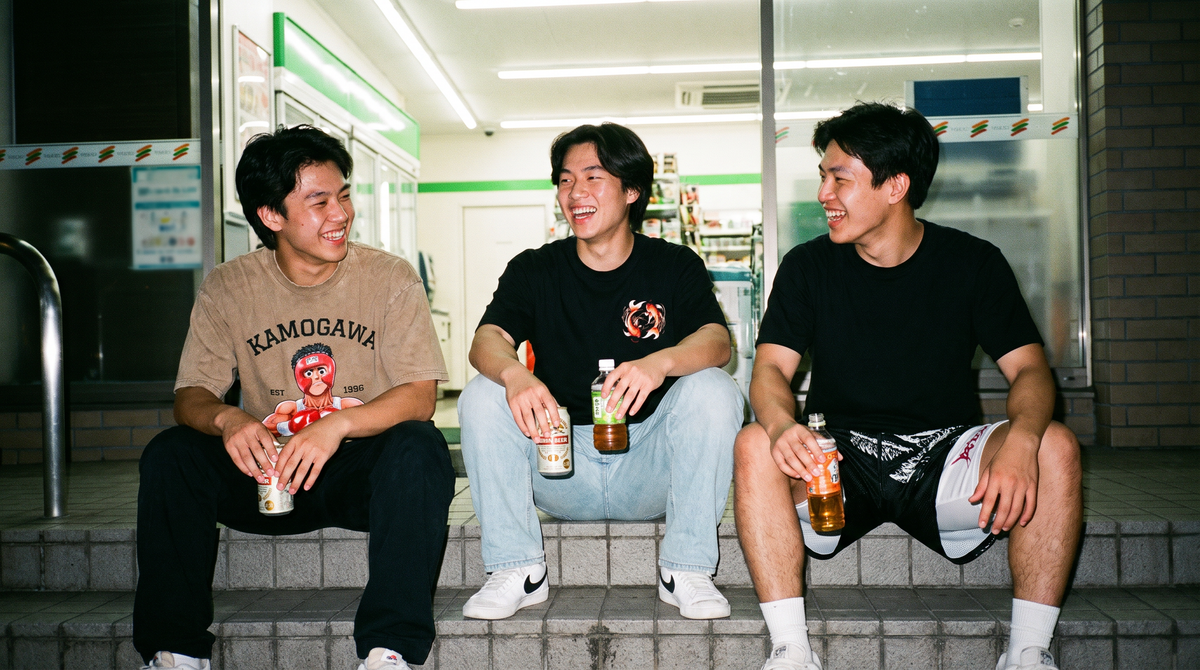 Three friends in Hokuro best sellers outside a Tokyo convenience store