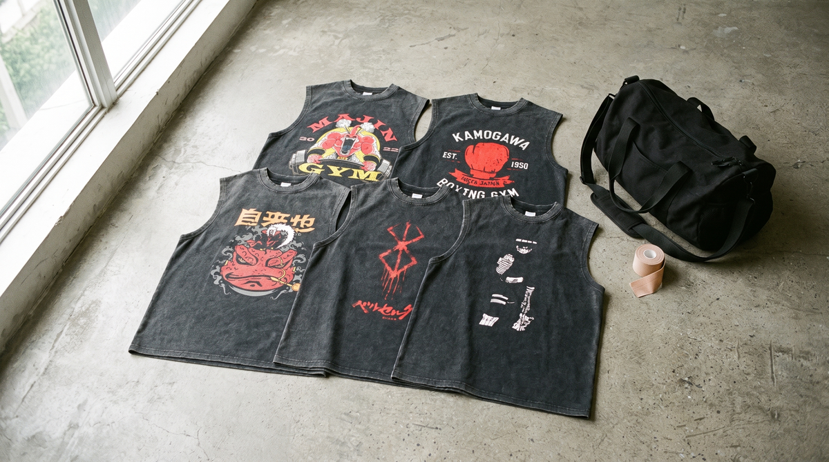 Hokuro washed tank tops laid out on a concrete floor