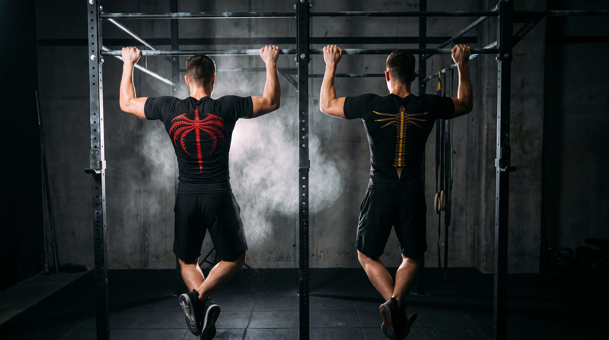 Two athletes doing pull-ups in Hokuro compression shirts