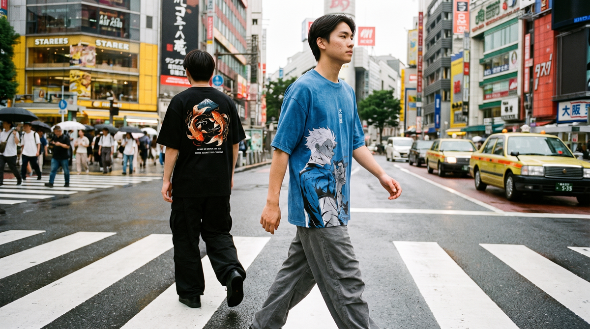 Two people in new Hokuro oversized tees crossing a Tokyo street