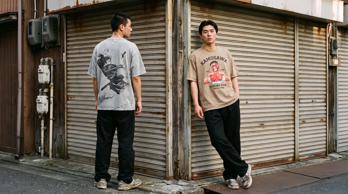 Hokuro vintage washed tees worn in front of old Tokyo shop shutters