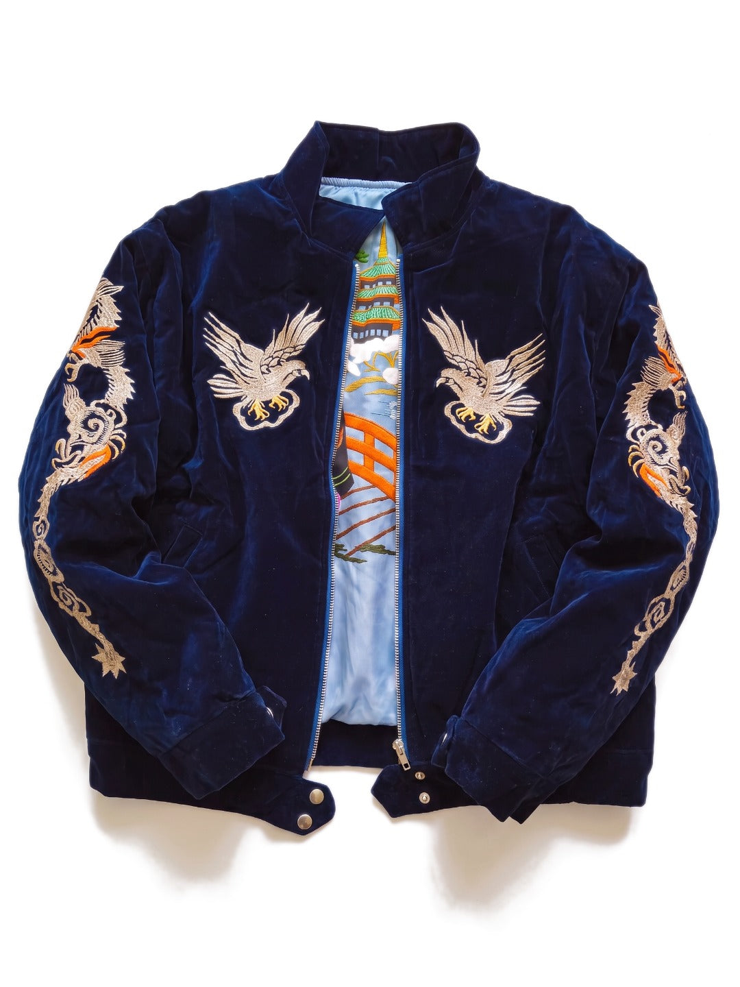 Eastern Dragon Embroidered Souvenir Jacket – Hokuro Japanese streetwear, navy velvet with embroidered eagles and dragons