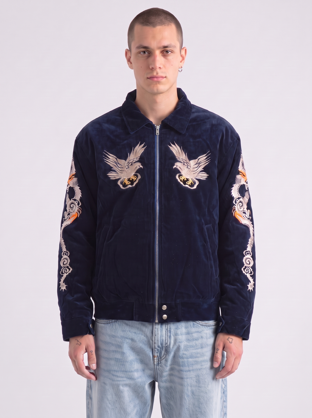 Eastern Dragon Embroidered Souvenir Jacket - model front view