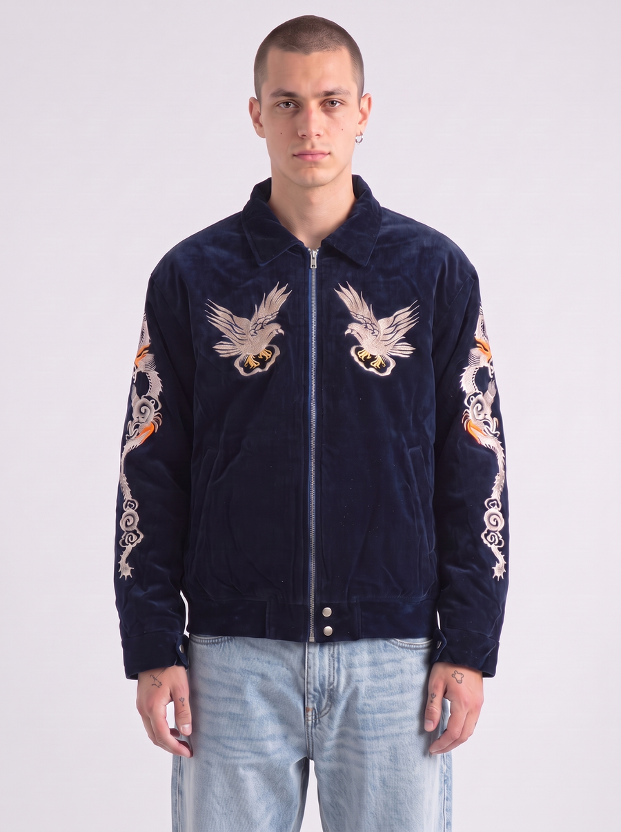 Eastern Dragon Embroidered Souvenir Jacket - model front view