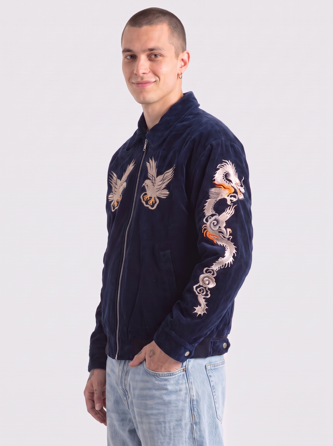 Eastern Dragon Embroidered Souvenir Jacket - model three-quarter view smiling