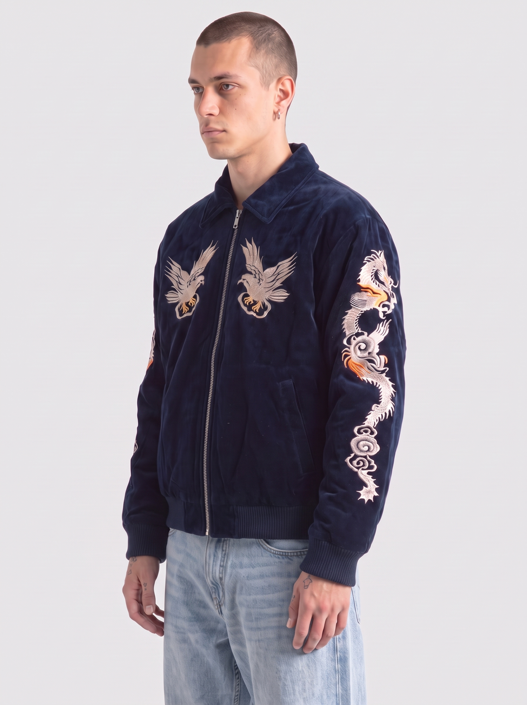 Eastern Dragon Embroidered Souvenir Jacket - model three-quarter view